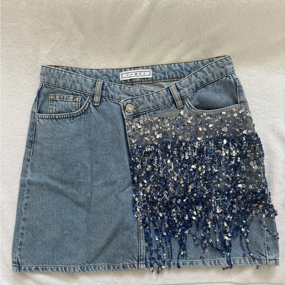 The Limited Denim Skirt with Blue Sequin Fringe